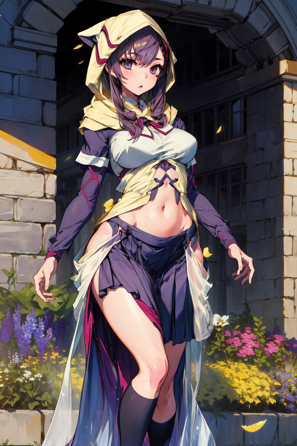 00971-1427474849-masterpiece,best quality,1girl,Wisp,pelvic curtain,hood,medium breasts,wide hips,((school uniform)),modern school,flowerbed,_lor.png